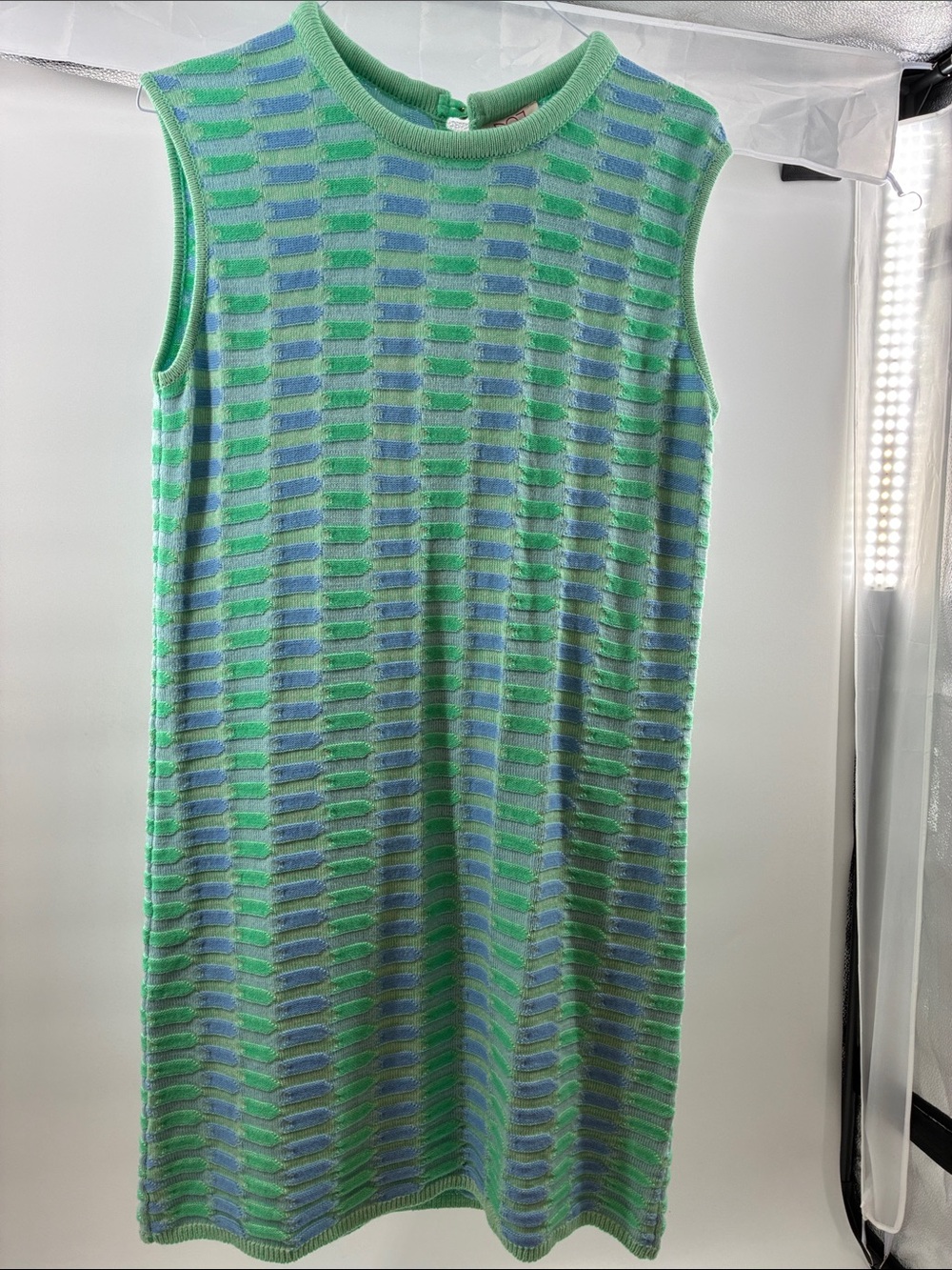 Howe Sleeveless Knit Shift Dress in Mint and Light Blue
